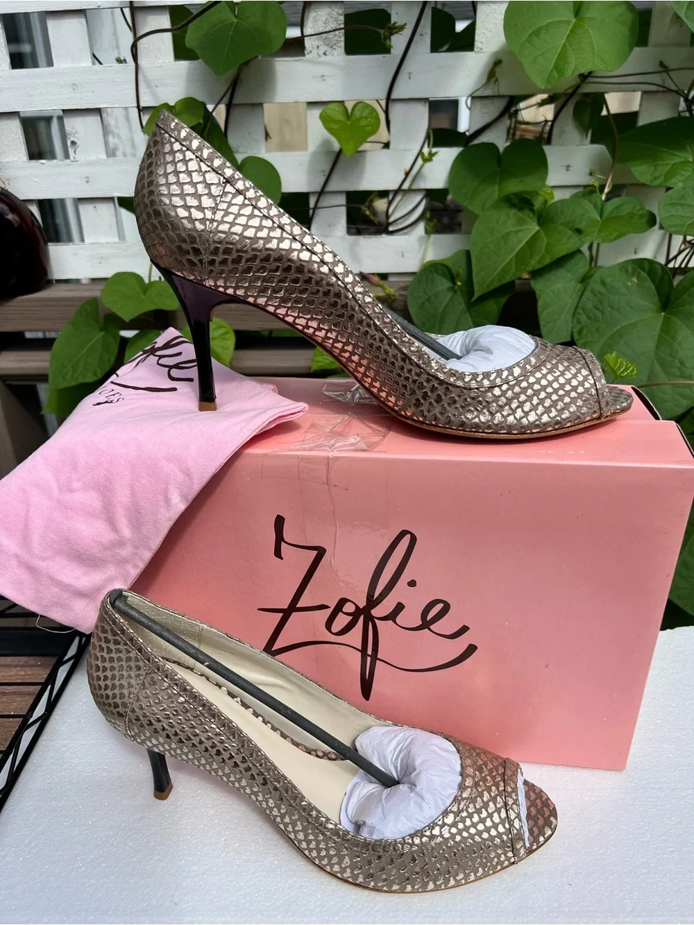 Zofie Bronze Snakeskin Peep Toe Pumps Size 12 New w/ Dust Bag, Brazil Leather